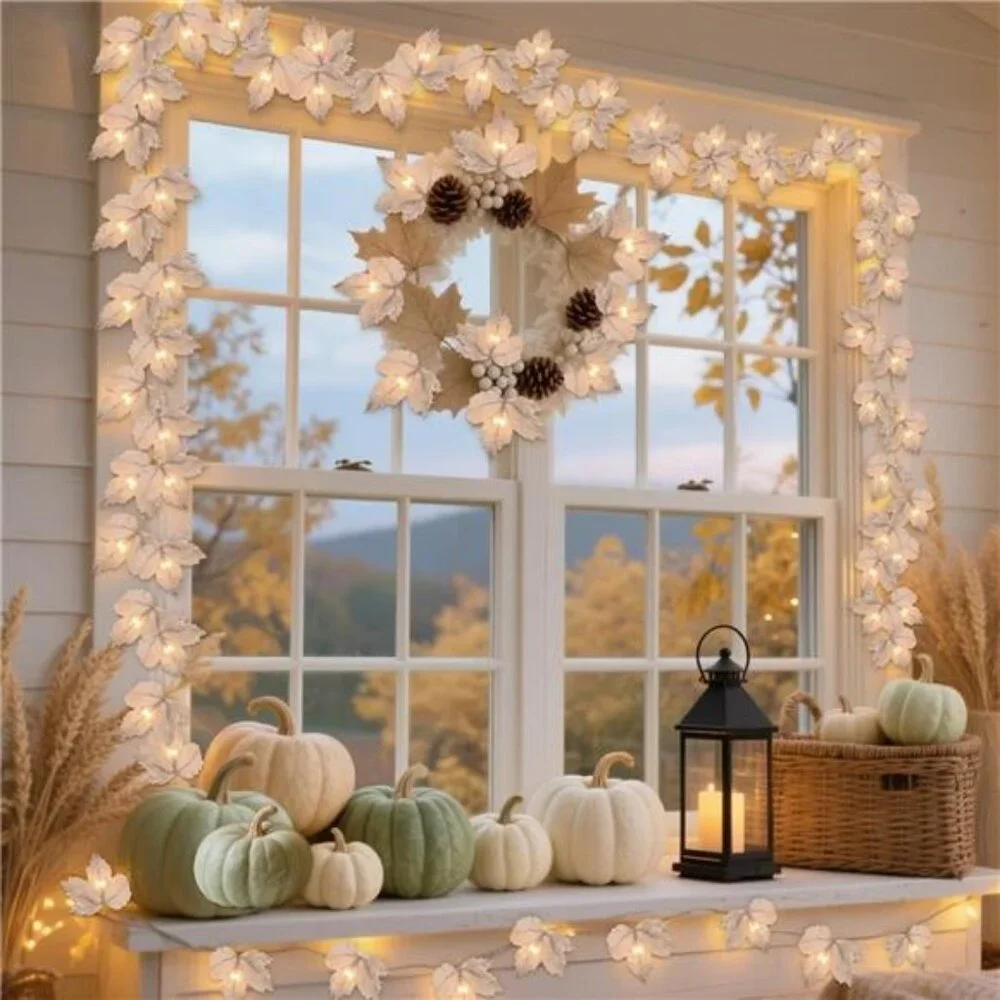 5 Pack Thanksgiving Garland with Lights Maple Leaf String Lights - Total 32.5ft